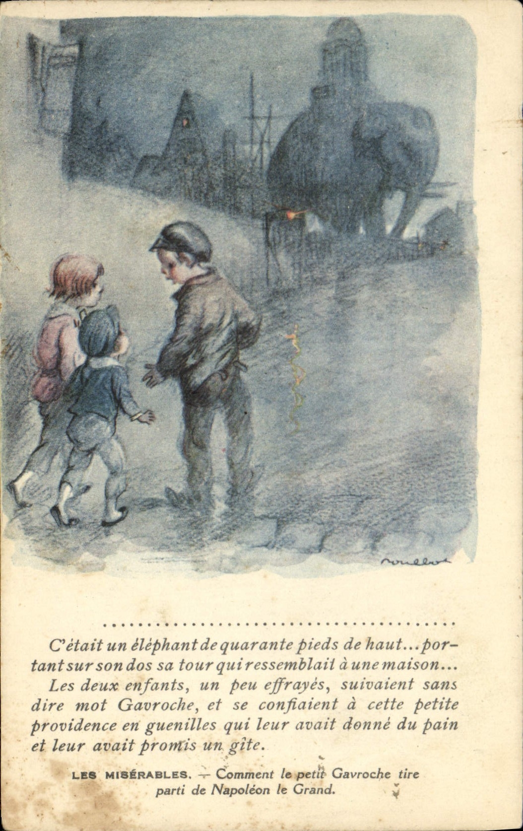 CPA Fantaisie Illustrateur Poulbot Victor Hugo Les Miserables Napoleon Gavroche Elephant