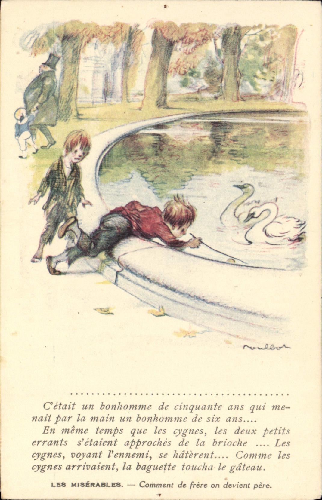 CPA Fantaisie Illustrateur Poulbot Victor Hugo Les Miserables Cygne Cygnes Swan