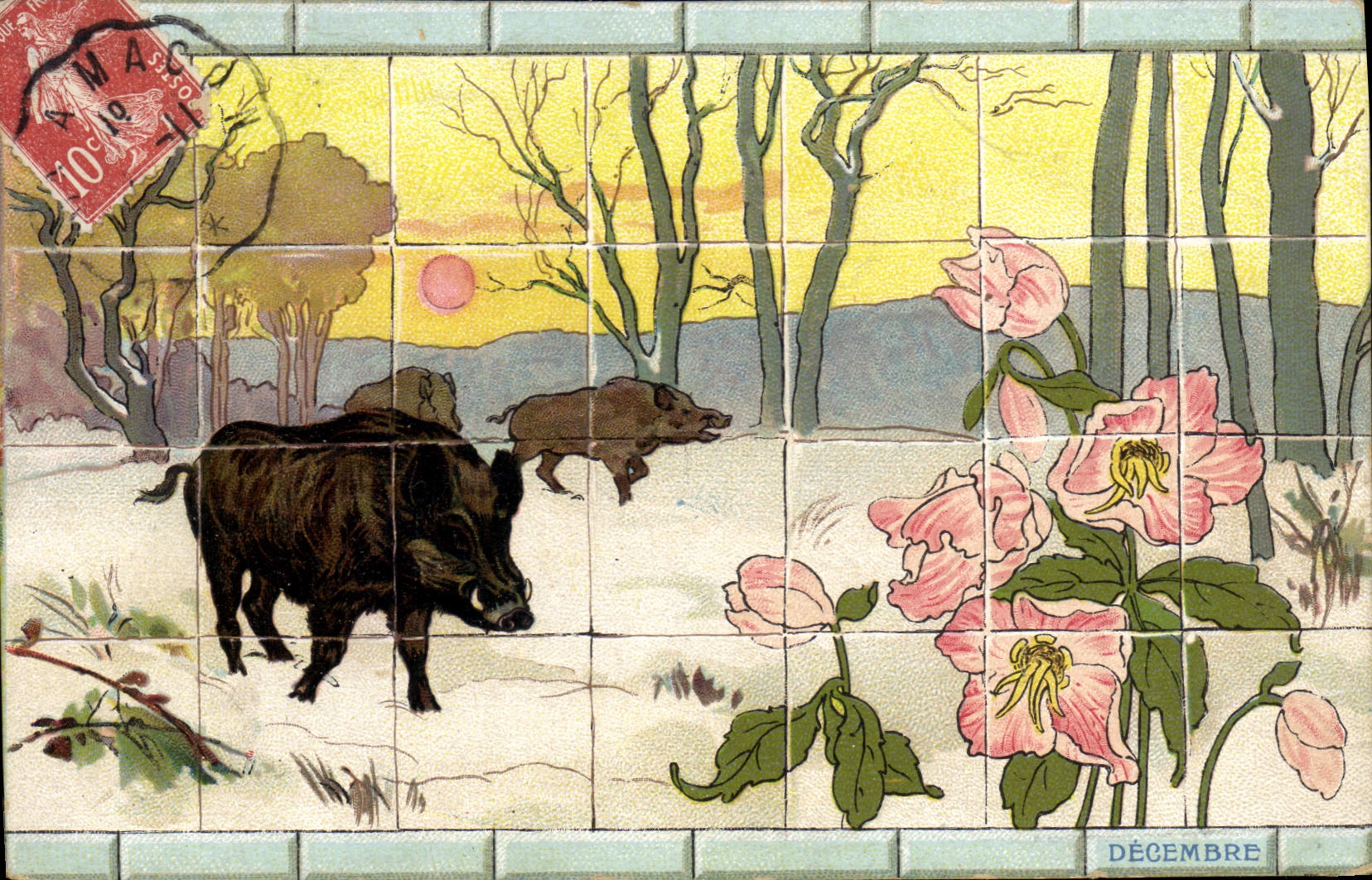 VINTAGE POSTCARD Wild boars