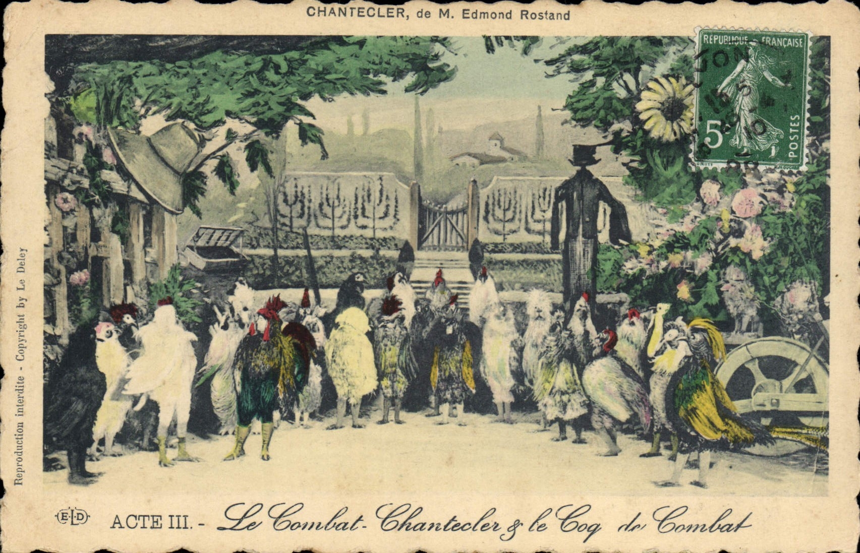 VINTAGE POSTCARD Edmond Rostand Chantecler and the fighting cock the combat