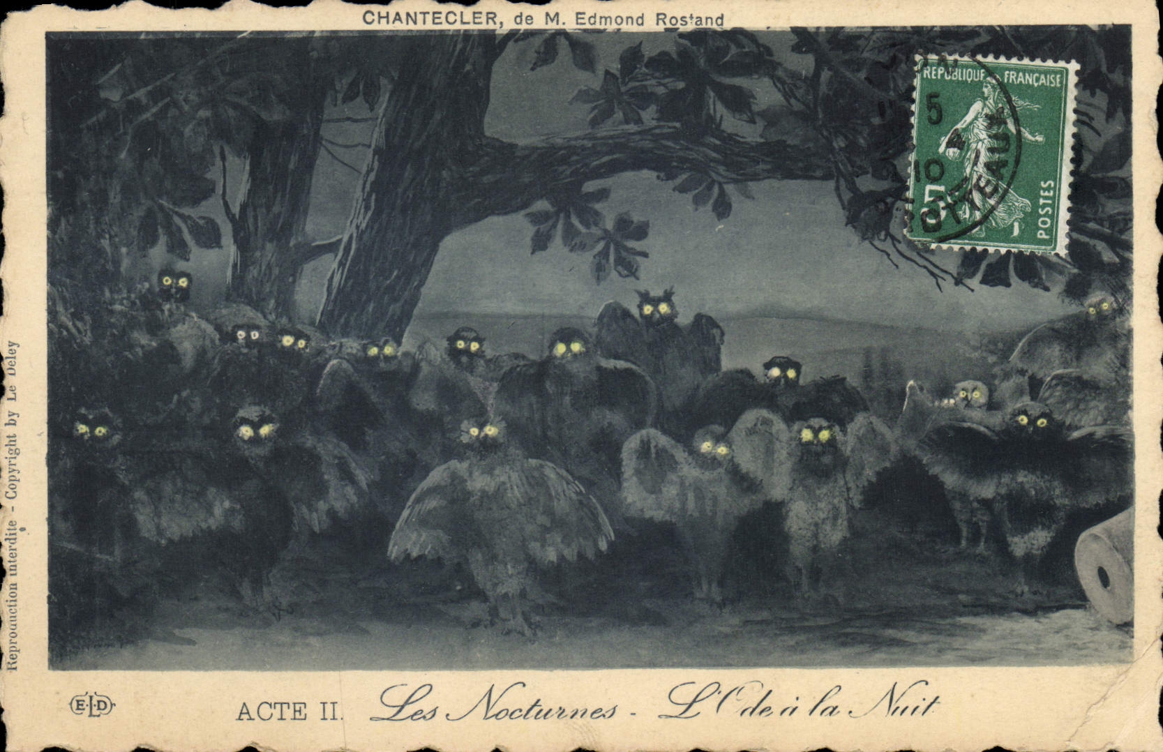 VINTAGE POSTCARD Edmond Rostand Chantecler the ode at the night night the Owl Owl