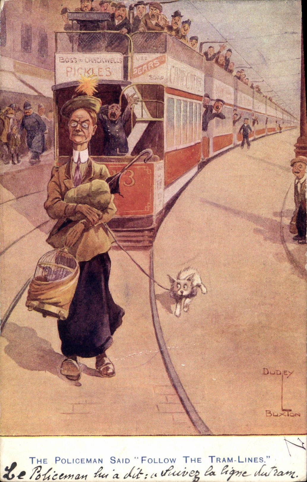 VINTAGE POSTCARD Fantasy Illustrator The police officers said Follow the Tram lines Tram Dog