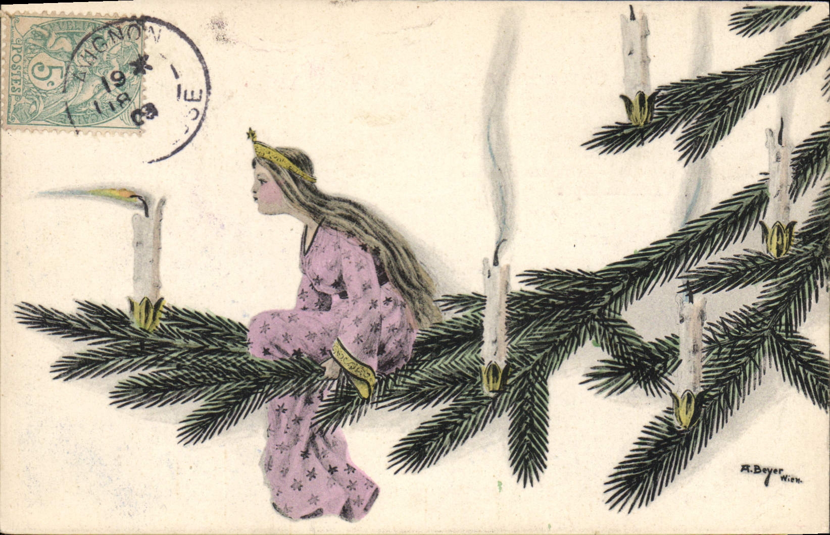 VINTAGE POSTCARD Fantasy Illustrator Woman Fir tree