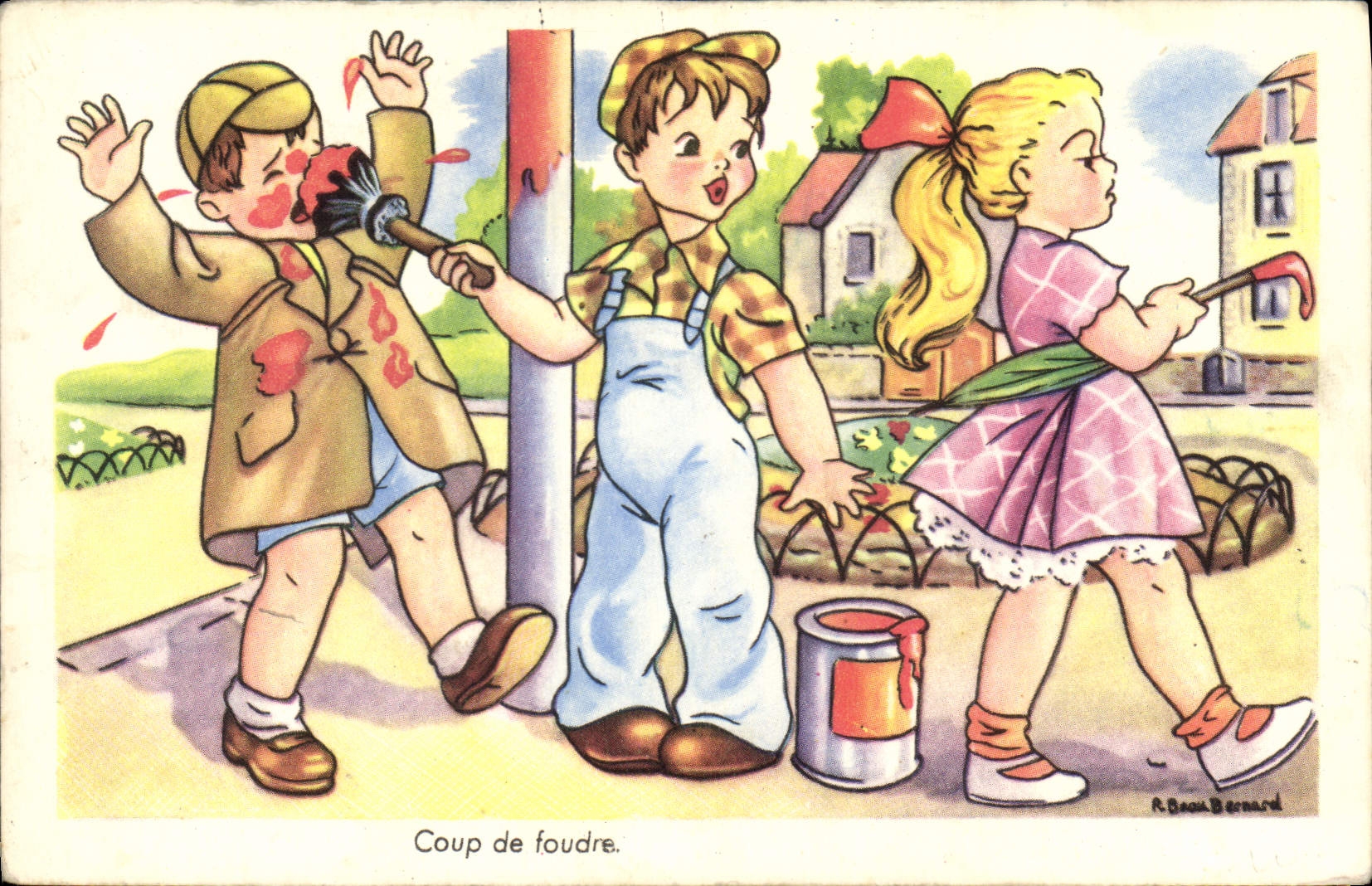 VINTAGE POSTCARD Fantasy Illustrator Children Love at first sight