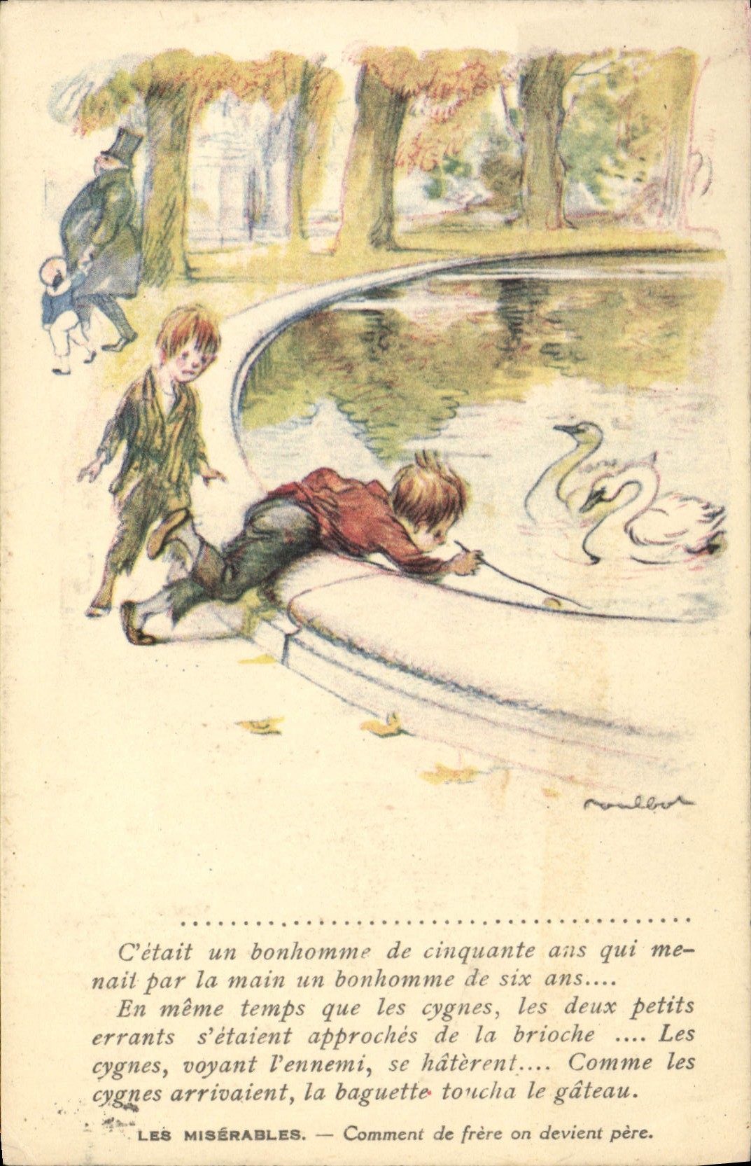 CPA Fantaisie Illustrateur Poulbot Victor Hugo Les Miserables Cygne Swan 