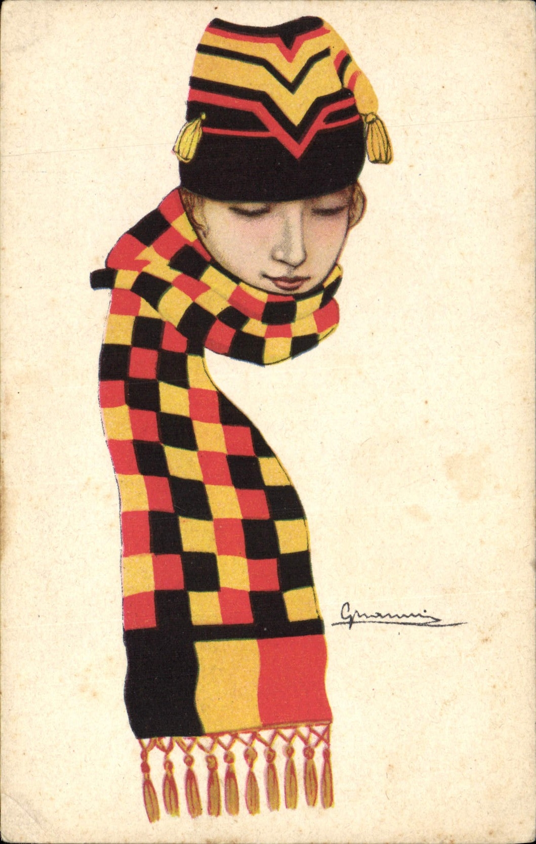 VINTAGE POSTCARD Fantasy Illustrator Woman with the scarf