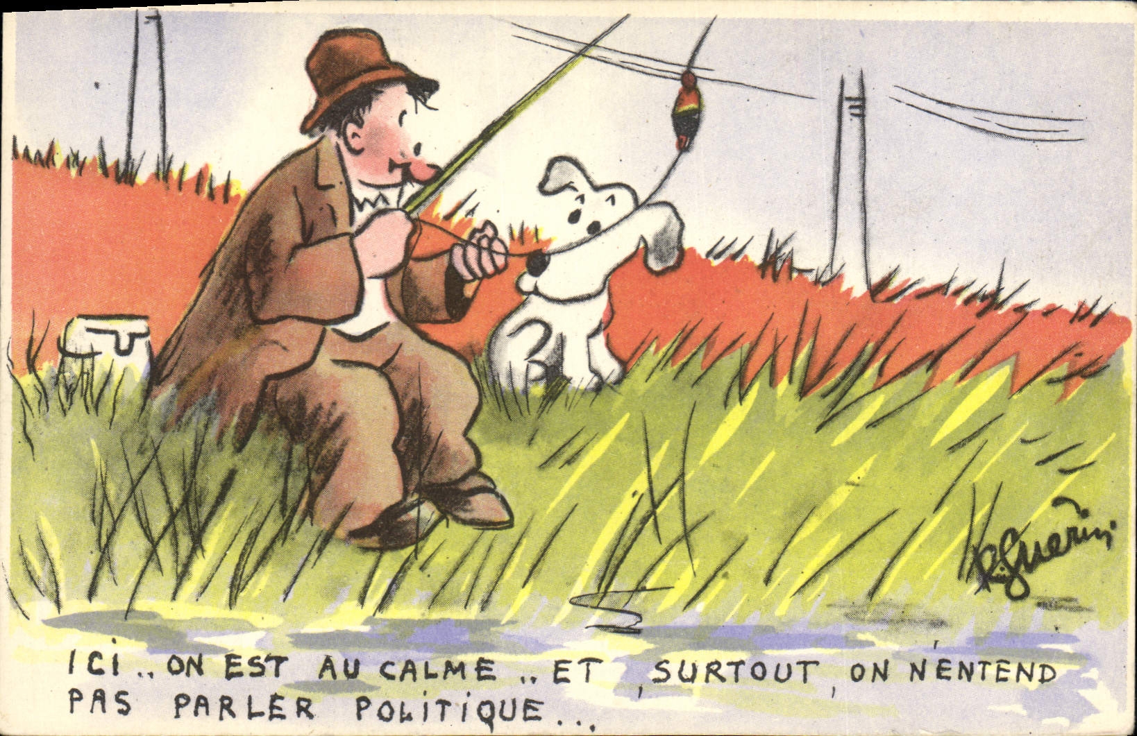 VINTAGE POSTCARD Fantaisie Illustrator Fishes Sinning Dog