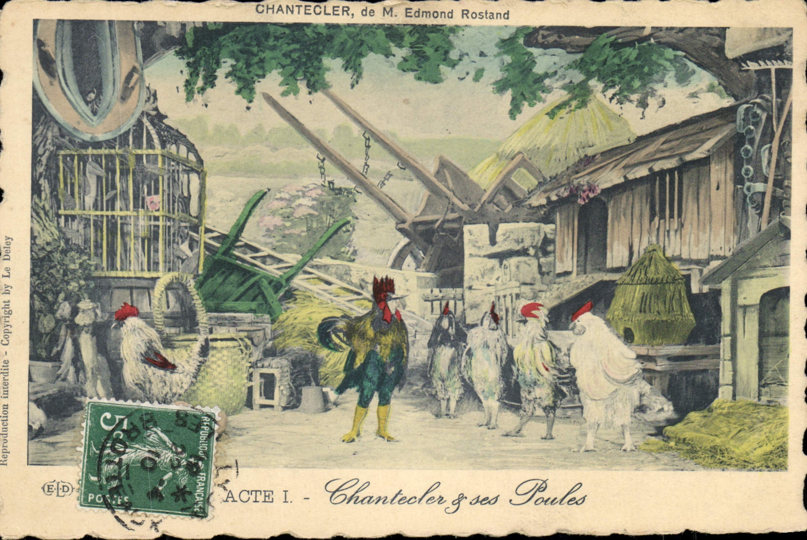 VINTAGE POSTCARD Theater Rostand Cock Chantecler and its hens