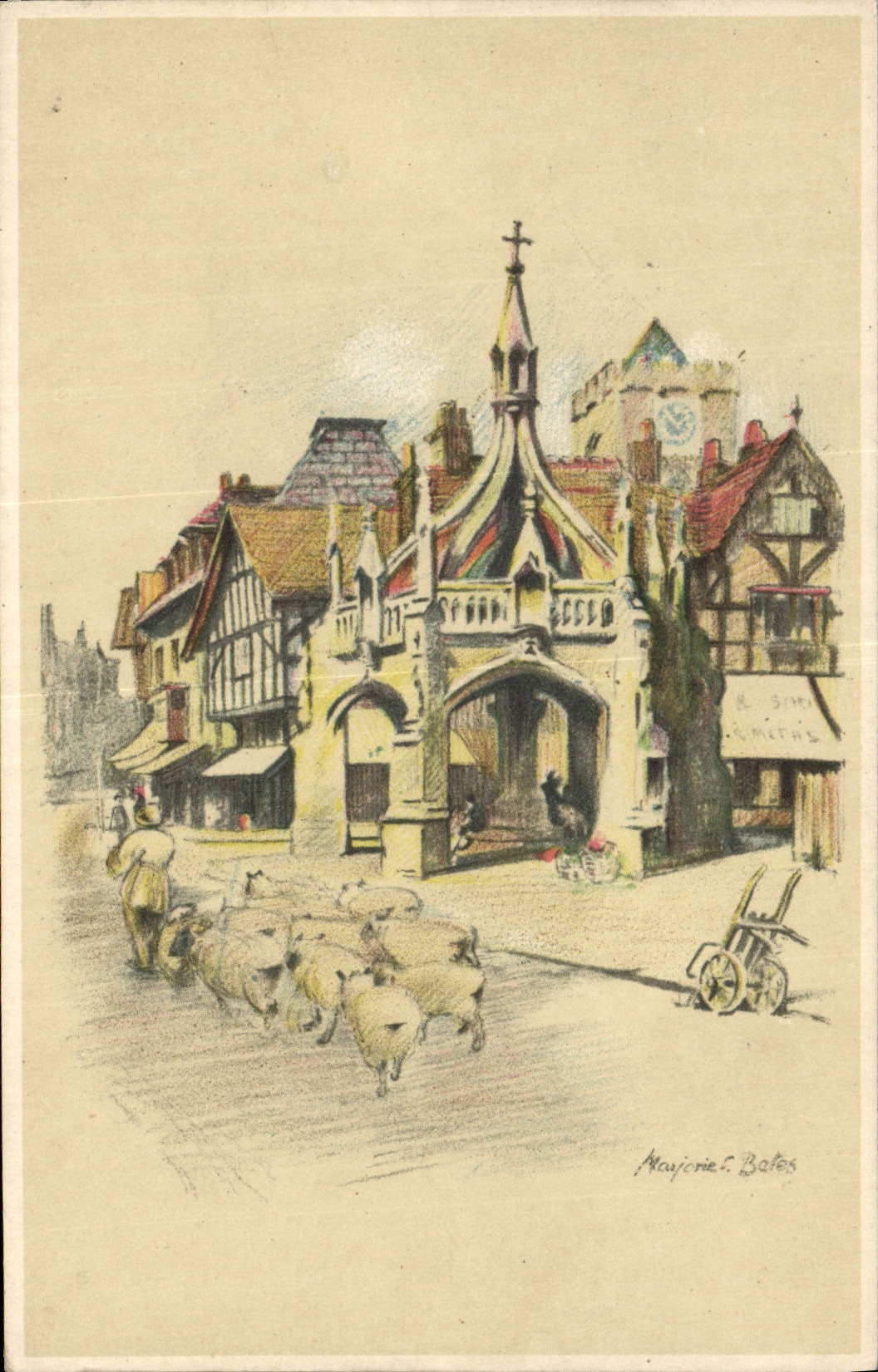 VINTAGE POSTCARD Fantasy Illustrator Houses Sheep
