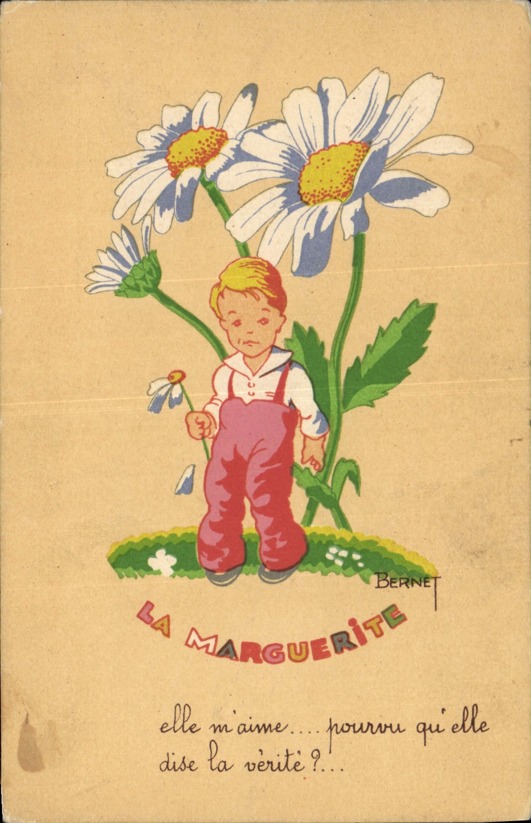 VINTAGE POSTCARD Fantaisie Illustrator Child has Bernet daisy