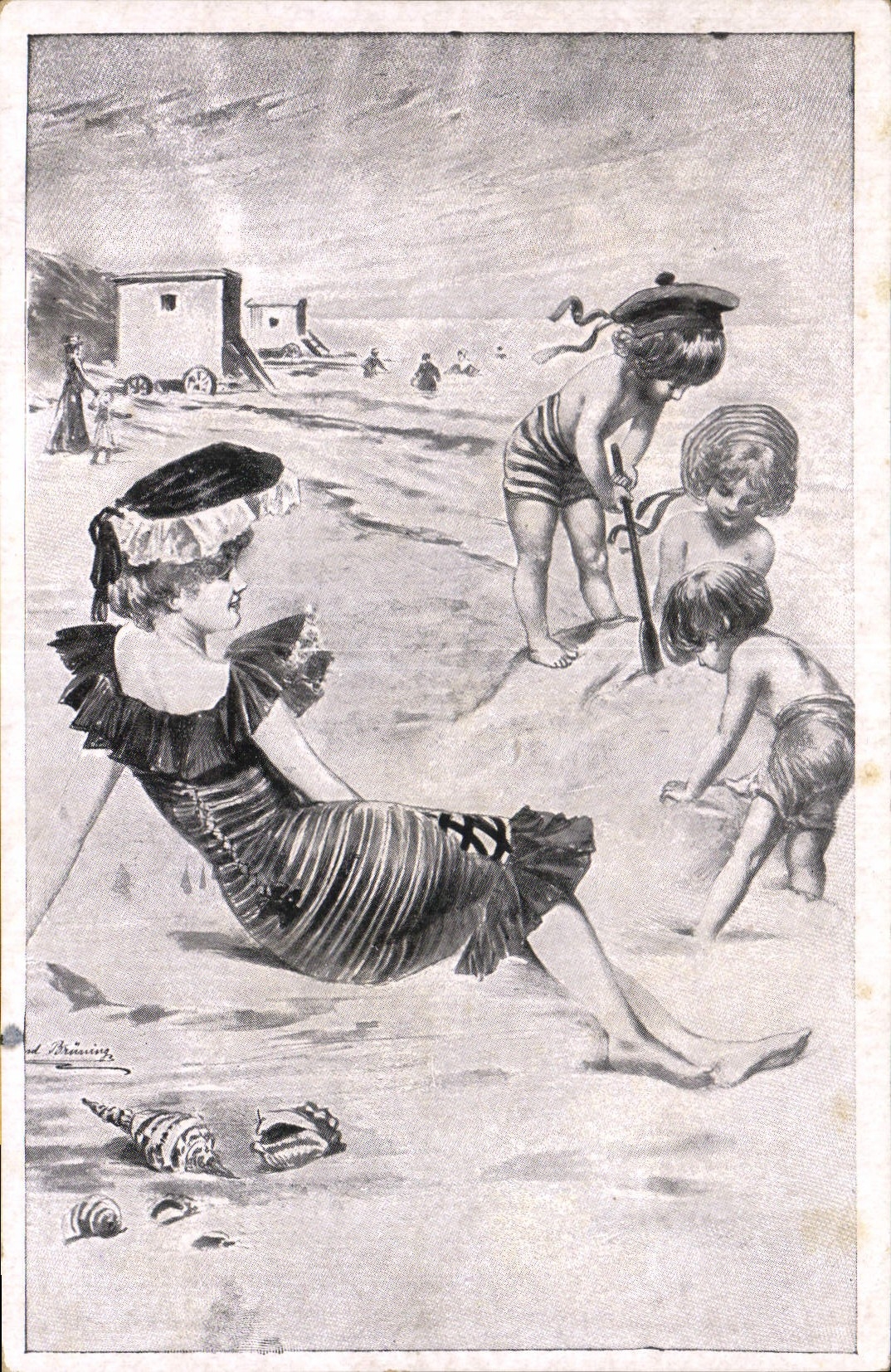 VINTAGE POSTCARD Fantasy Illustrator Children Woman with the beach