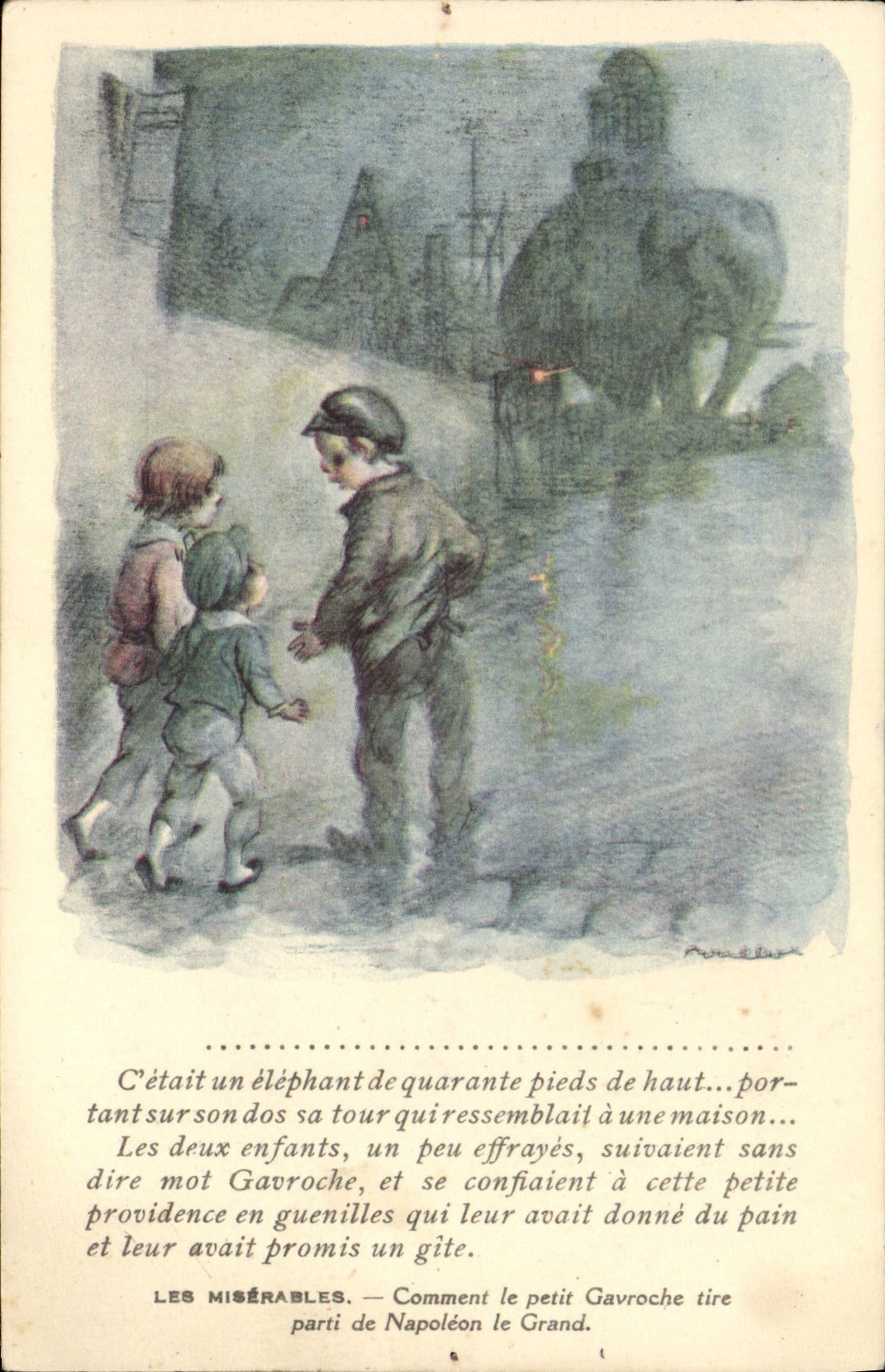 CPA Fantaisie Illustrateur Poulbot Victor Hugo Les miserables Gavroche Napoleon Elephant