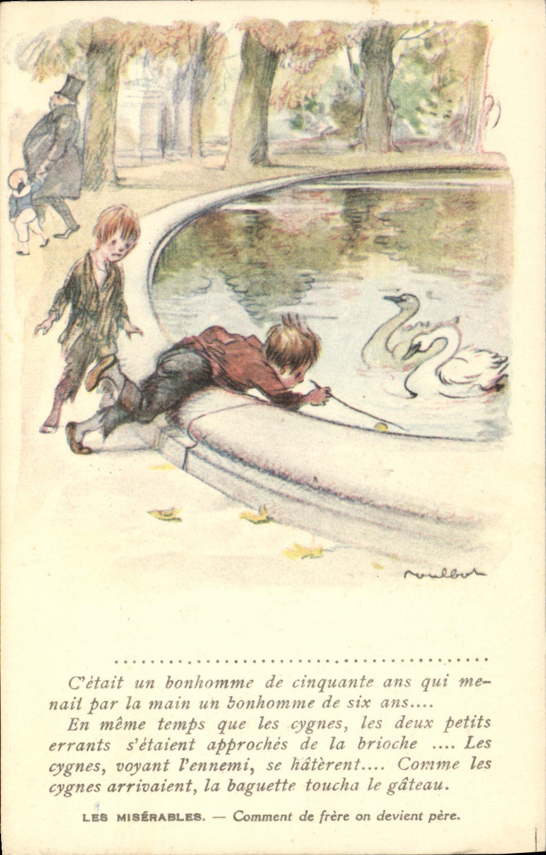 Ilustrador Poulbot Victor Hugo de la fantasía de la POSTAL de la VENDIMIA el cisne del cisne de los miserabeles