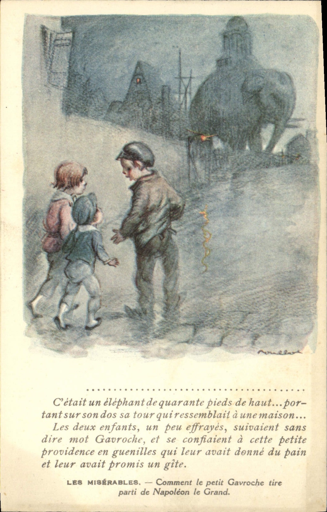 CPA Fantaisie Illustrateur Poulbot Victor Hugo Les miserables Gavroche Napoleon Elephant