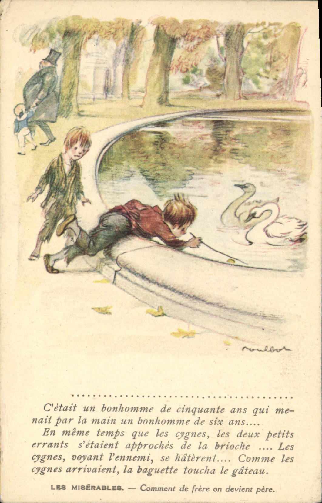 CPA Fantaisie Illustrateur Poulbot Victor Hugo Les miserables Cygne Swan