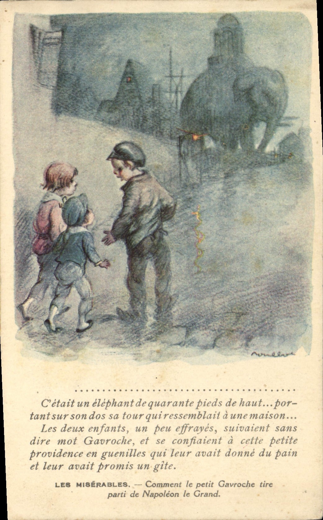 CPA Fantaisie Illustrateur Poulbot Victor Hugo Les miserables Gavroche Napoleon Elephant