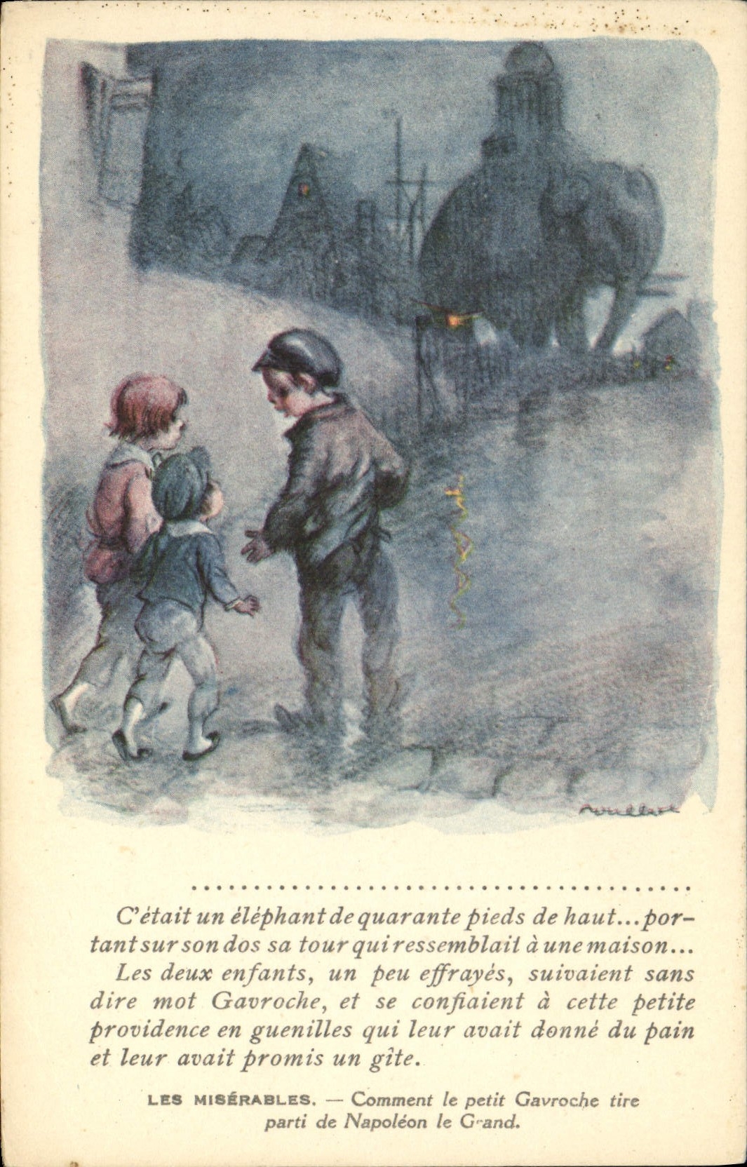 CPA Fantaisie Illustrateur Poulbot Victor Hugo Les miserables Gavroche Napoleon Elephant
