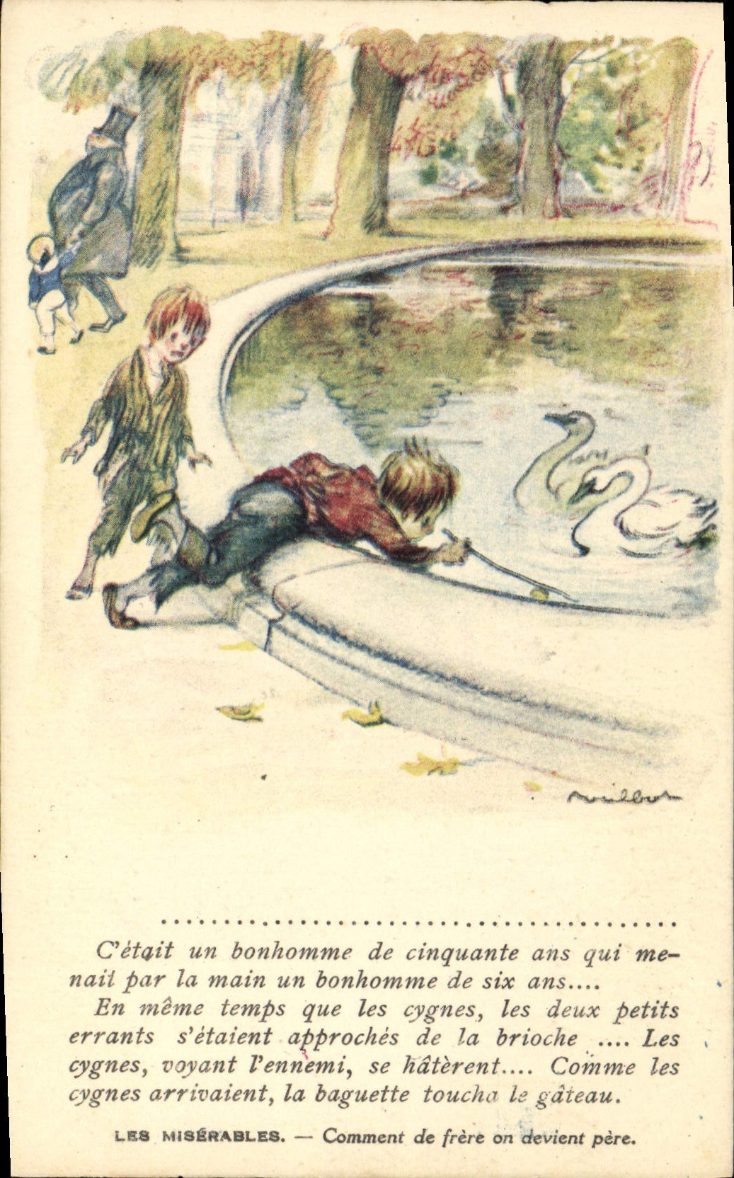 CPA Fantaisie Illustrateur Poulbot Victor Hugo Les miserables Cygne Swan