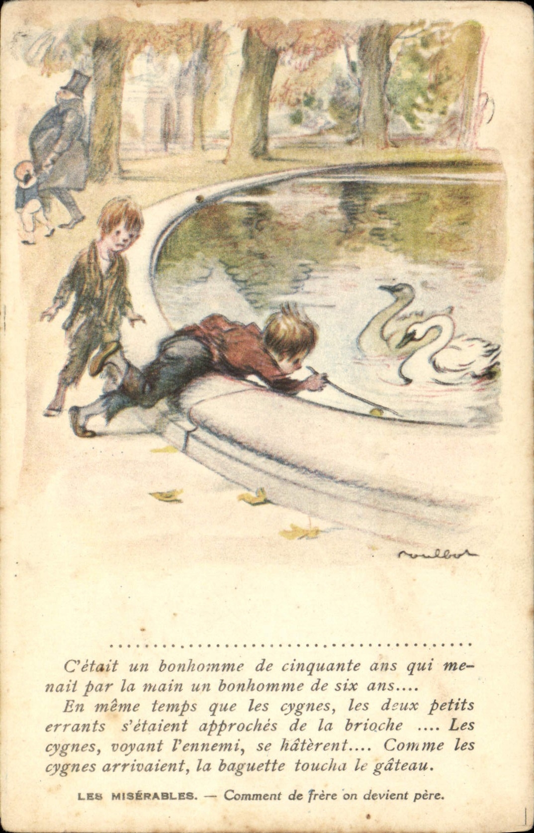 CPA Fantaisie Illustrateur Poulbot Victor Hugo Les miserables Cygne Swan