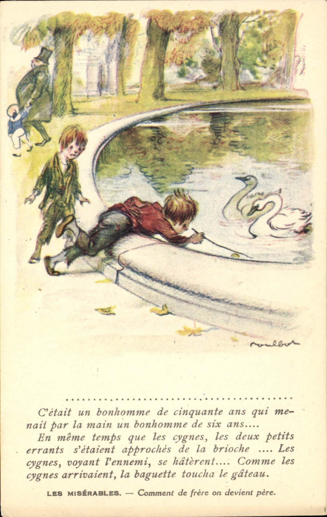 CPA Fantaisie Illustrateur Poulbot Victor Hugo Les miserables Gavroche Cygne Swan