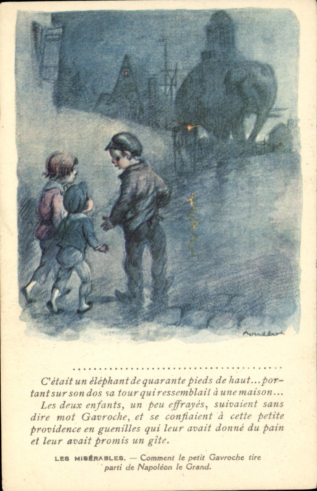 CPA Fantaisie Illustrateur Poulbot Victor Hugo Les miserables Gavroche Napoleon Elephant