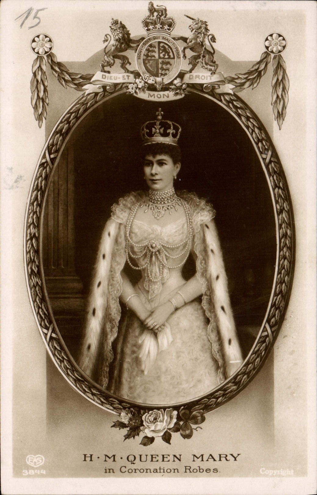 VINTAGE POSTCARD HM Queen Mary in Coronation dresses