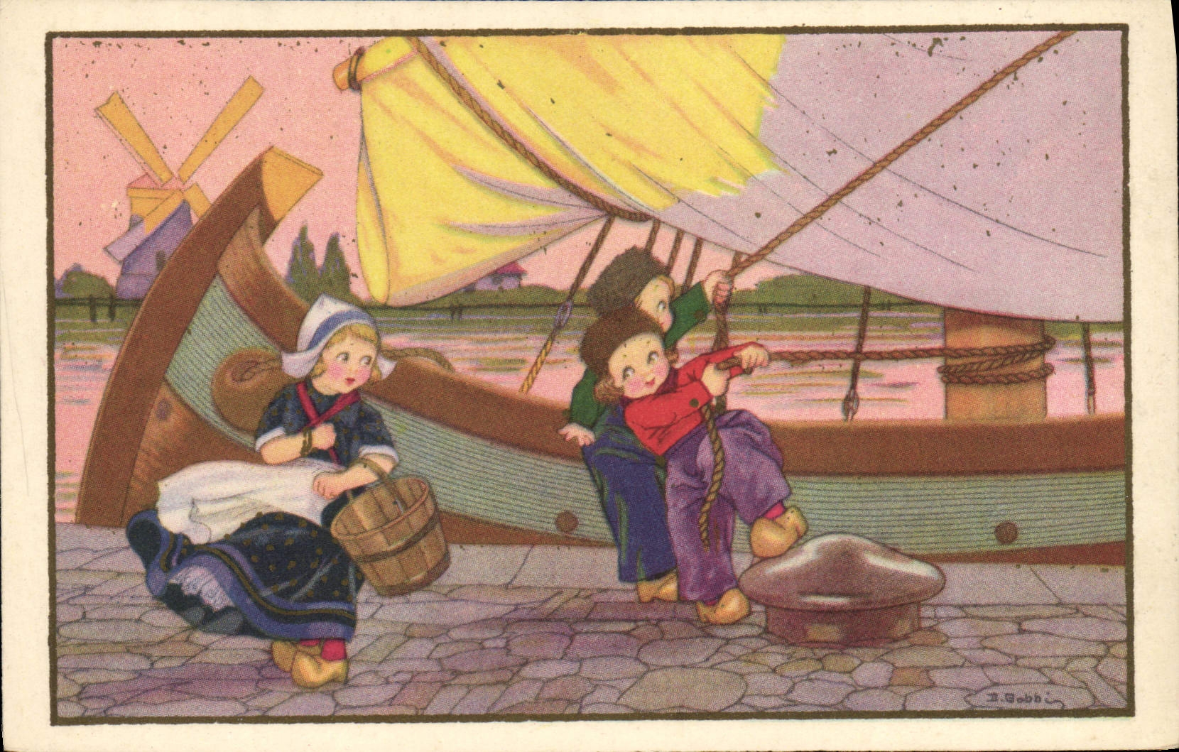 CPA Fantaisie Illustrateur Enfants Bateau Moulin a vent