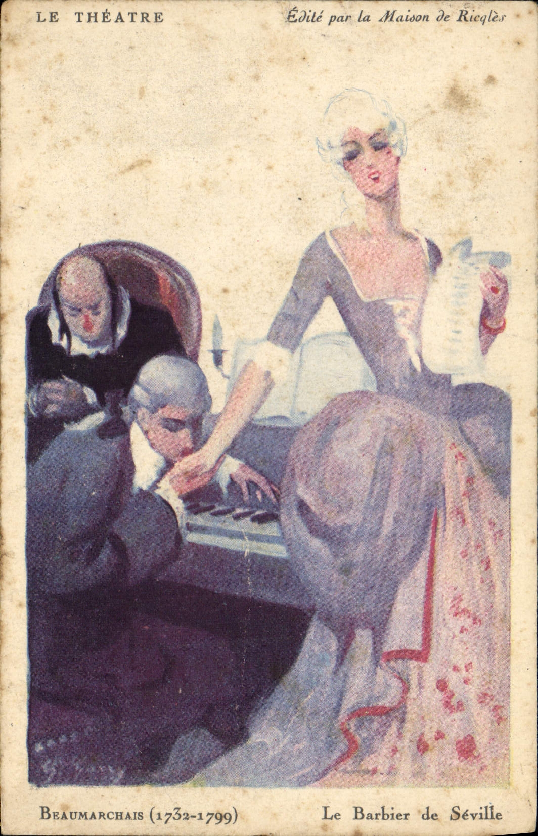 VINTAGE POSTCARD Fantasy Illustrator the theater Ricqles Beaumarchais the Barber of Seville