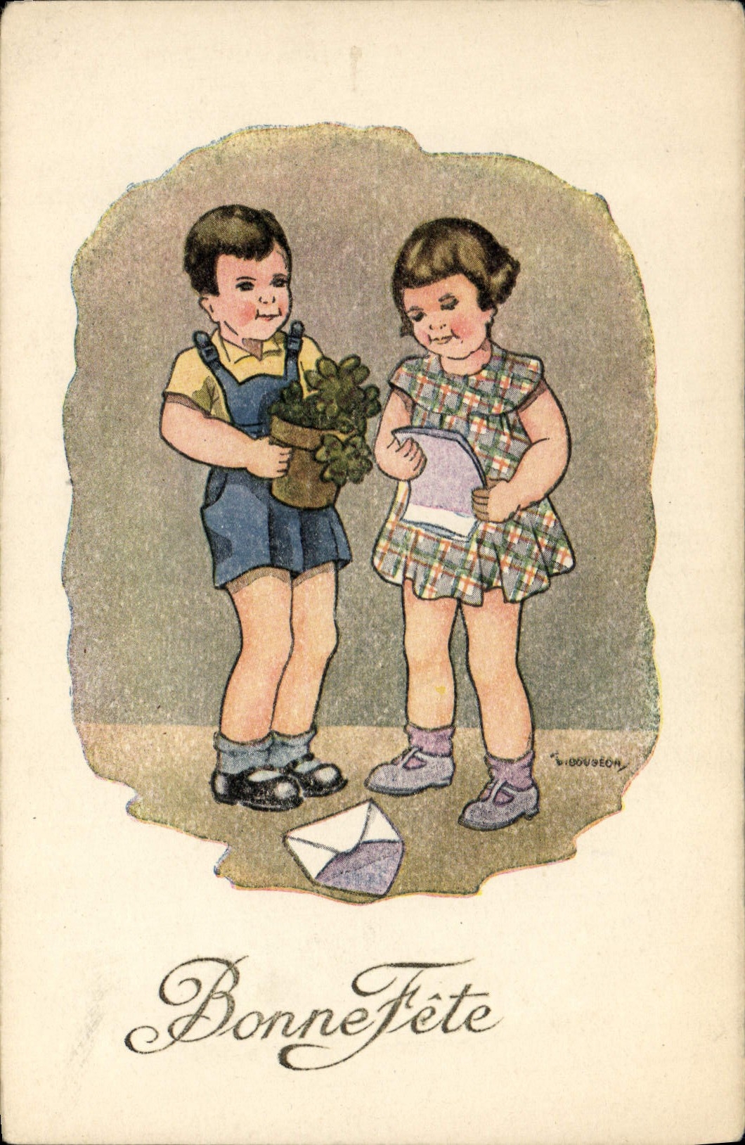VINTAGE POSTCARD Fantaisie Illustrator Bonen Children celebrates