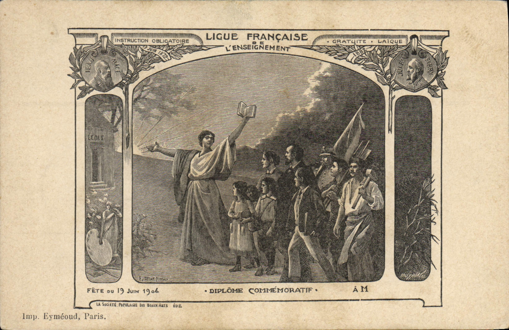 VINTAGE POSTCARD French League of teaching commemorative Diploma