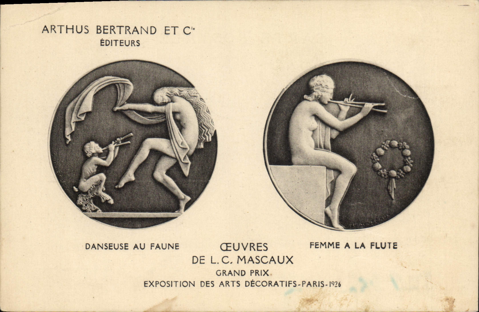 CPA Medaille Arthus Bertrand Danseuse au faune Flute MAscaux Arts Decoratifs 1926 Paris
