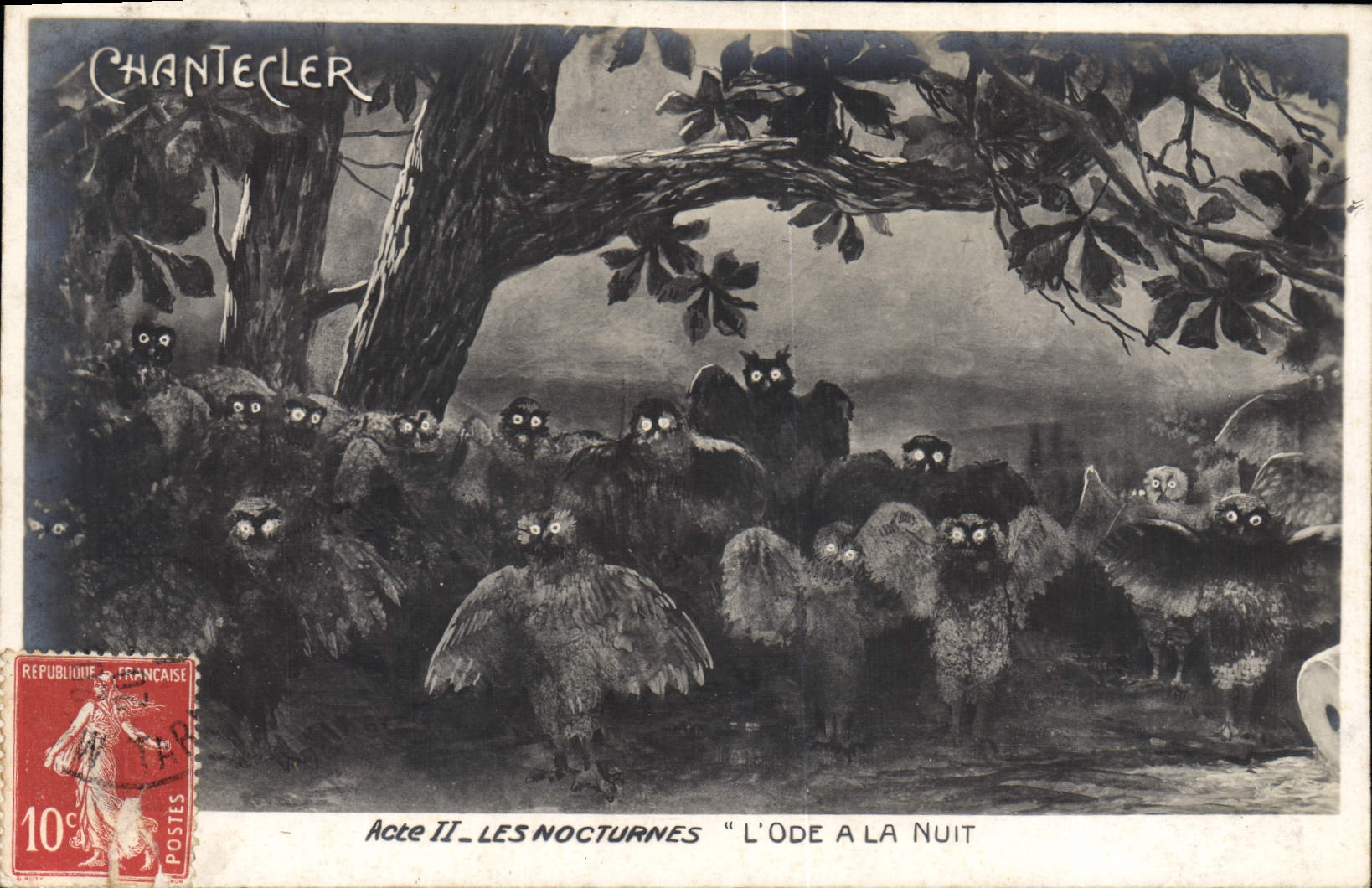 VINTAGE POSTCARD Theater Edmond Rostand Chantecler the ode at the night Owl Owl