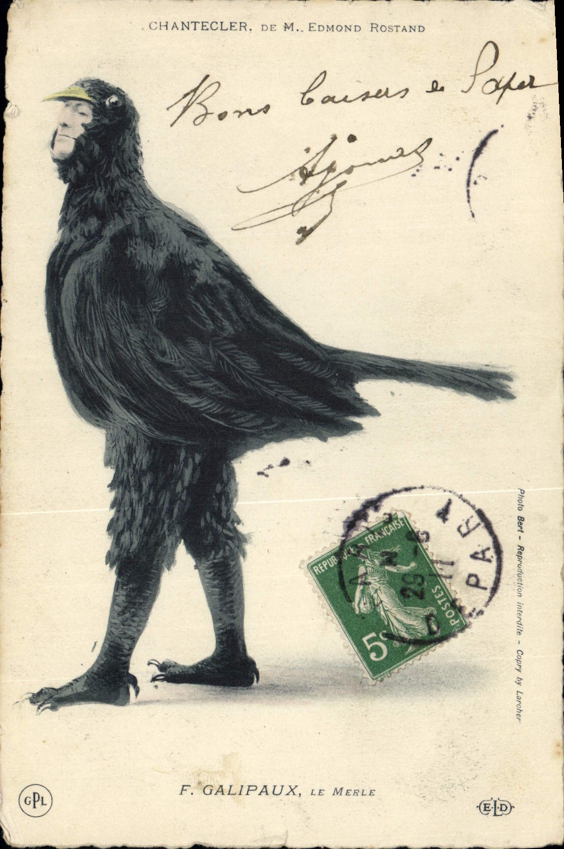 VINTAGE POSTCARD Theater Edmond Rostand Chantecler F Galipaux the blackbird Bird