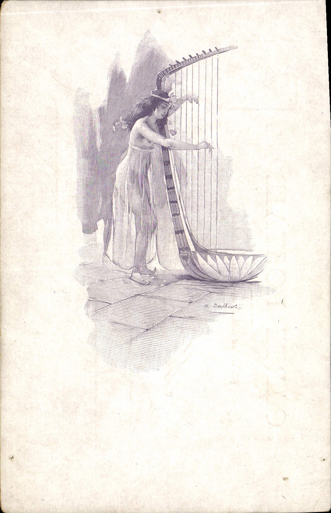 CPA Fantaisie Illustrateur Femme a la harpe