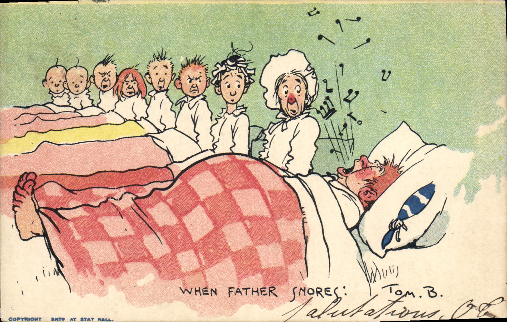 Ilustrador de la fantasía de la POSTAL de la VENDIMIA cuando ronca el padre