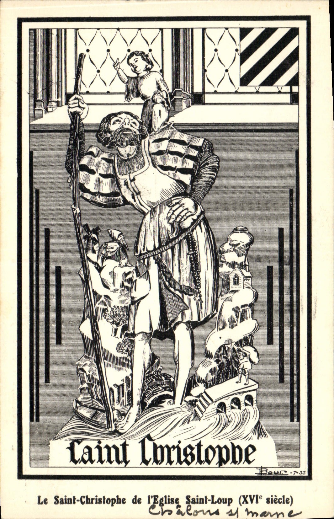 VINTAGE POSTCARD Fantasy Illustrator the Saint Holy Christophe of the church Wolf Trawl-nets on the Marne
