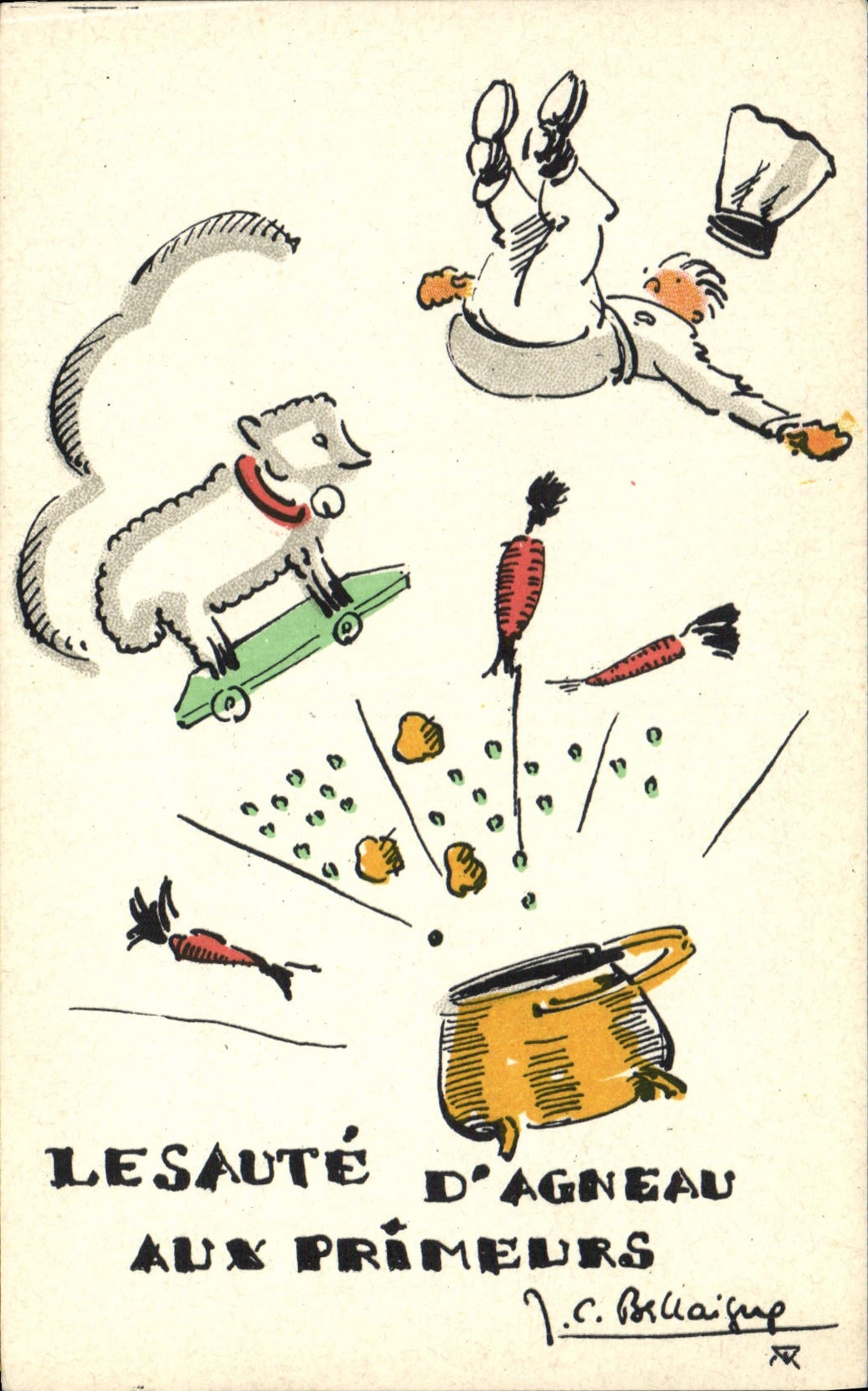 CPA Fantaisie Illustrateur Le saute d'agneau aux primeurs
