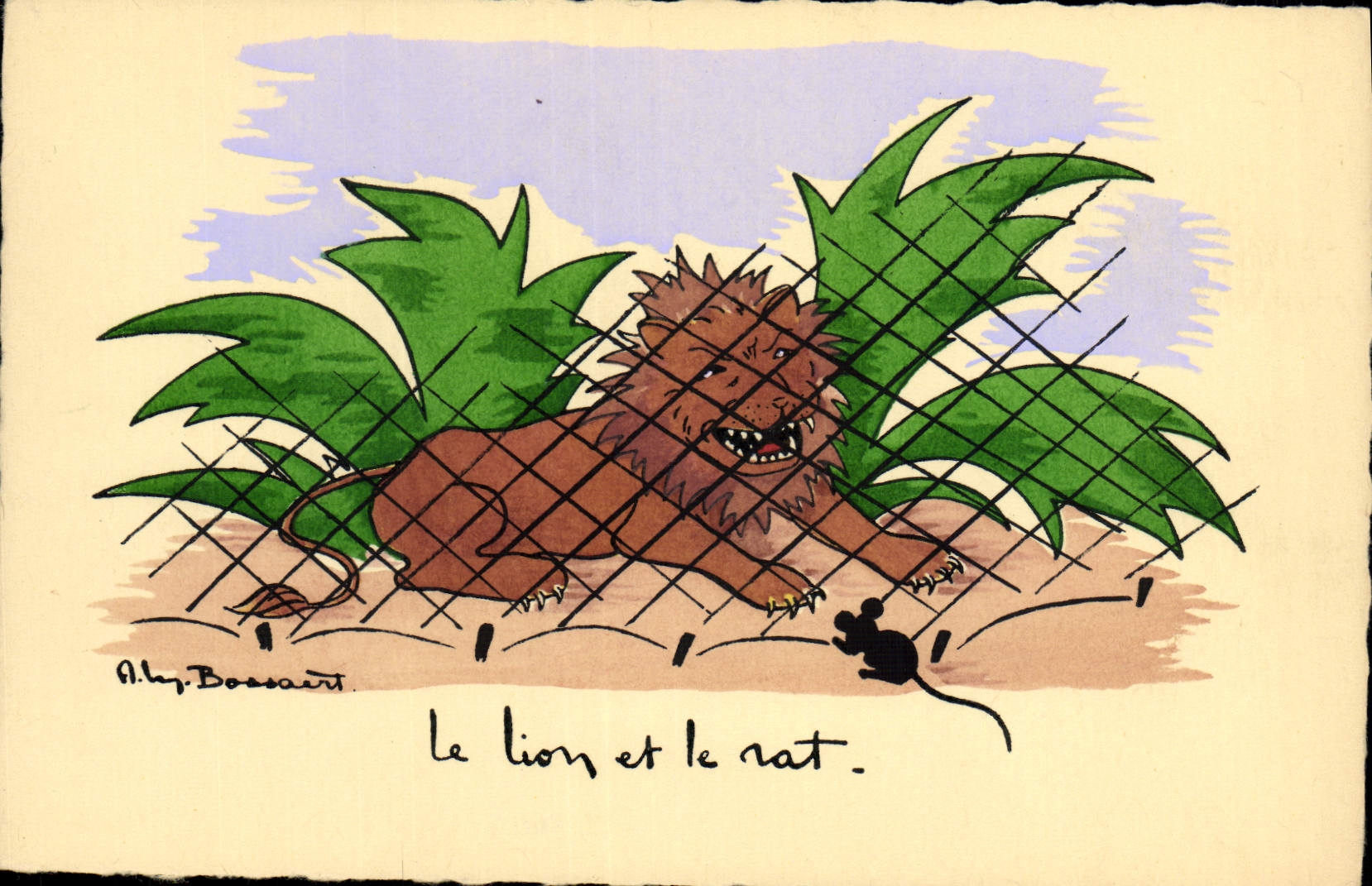CPA Fantaisie Illustrateur Le lion et le rat Souris