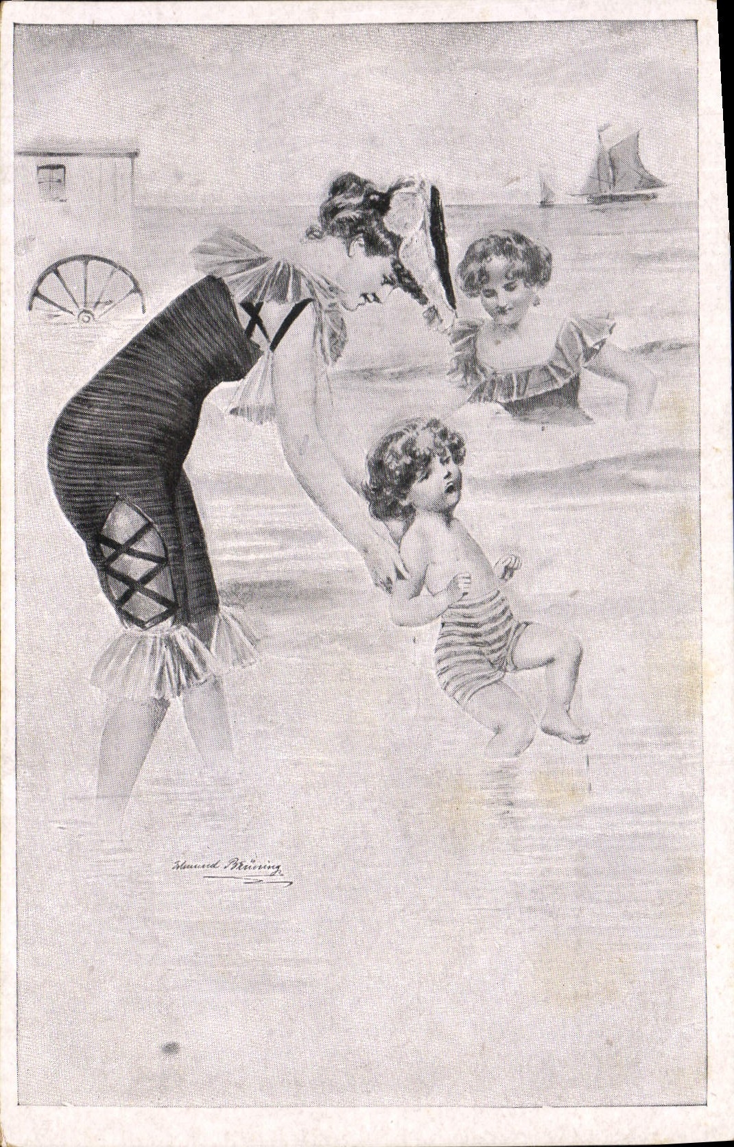 CPA Fantaisie Illustrateur Femmes Enfants Maillot de bain