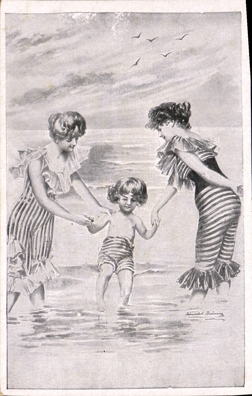 CPA Fantaisie Illustrateur Femmes Enfants Maillot de bain