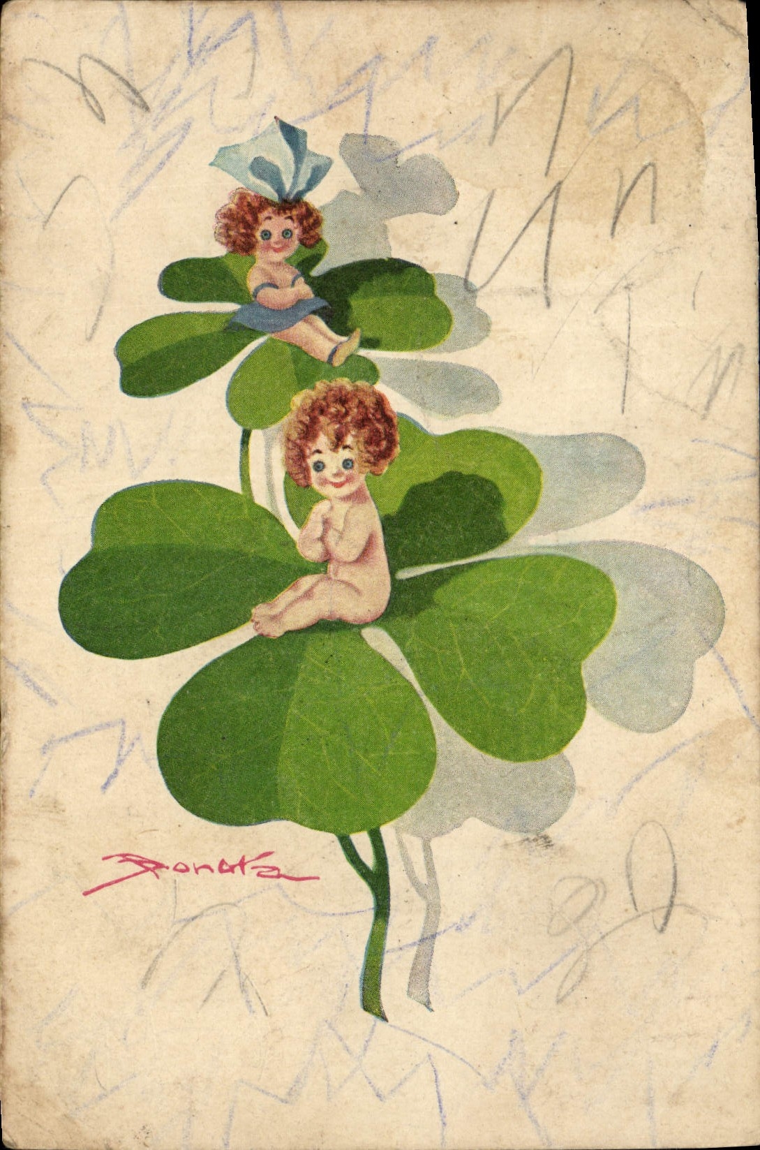 VINTAGE POSTCARD Fantasy Illustrator Children Clover