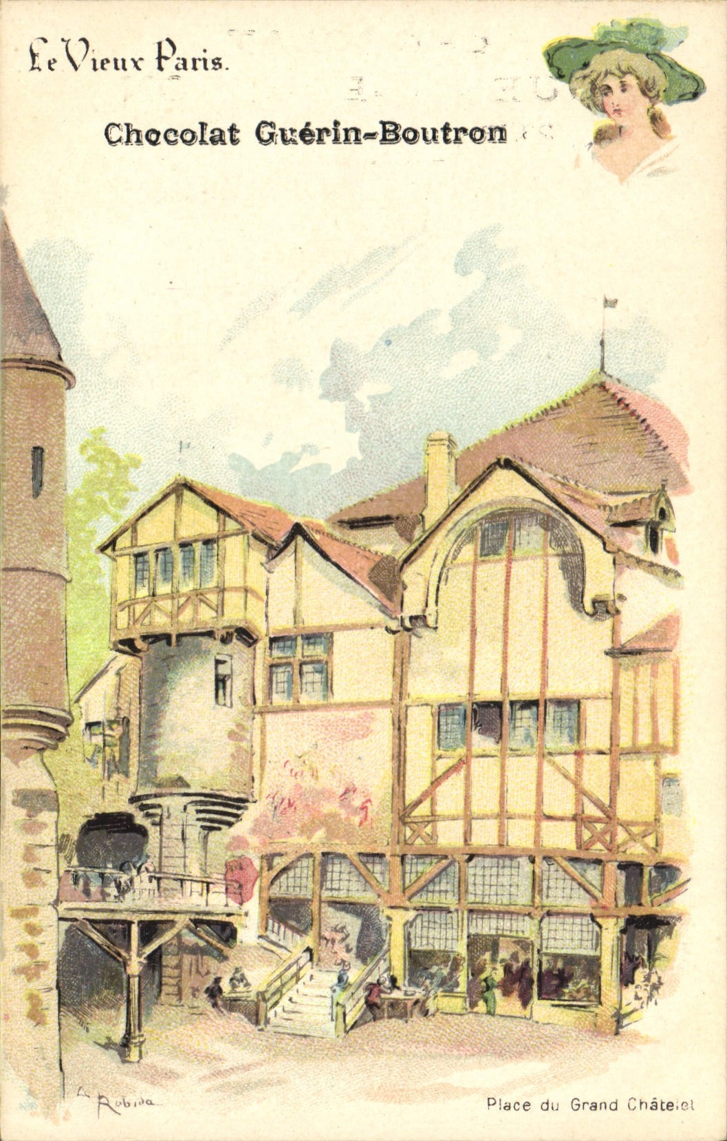 VINTAGE POSTCARD the Old man Paris Chocolat Guerin Boutron Places Large Chatelet