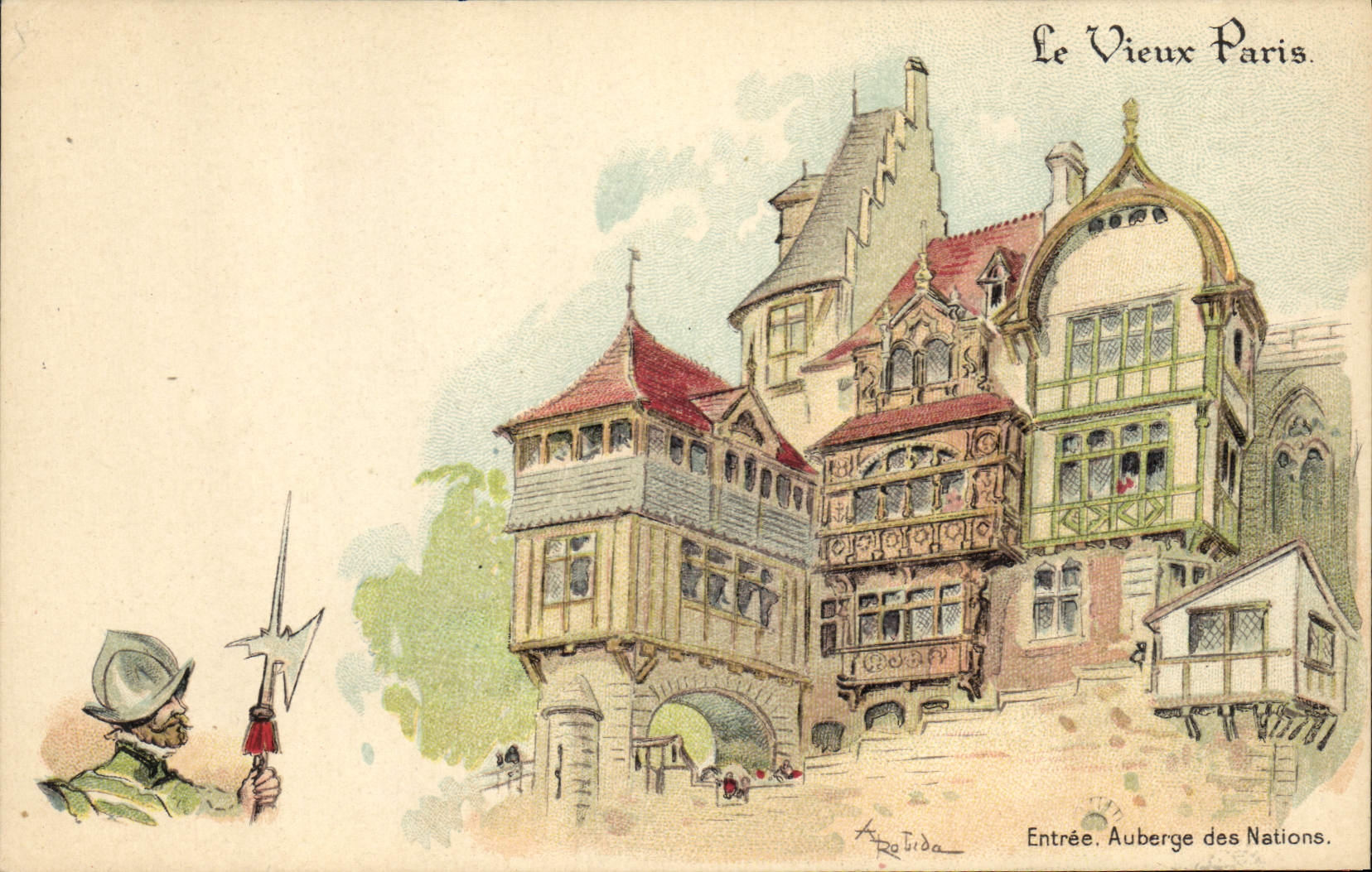 La POSTAL de la VENDIMIA el viejo hombre de París con el buen mercado entró en el mesón de las naciones