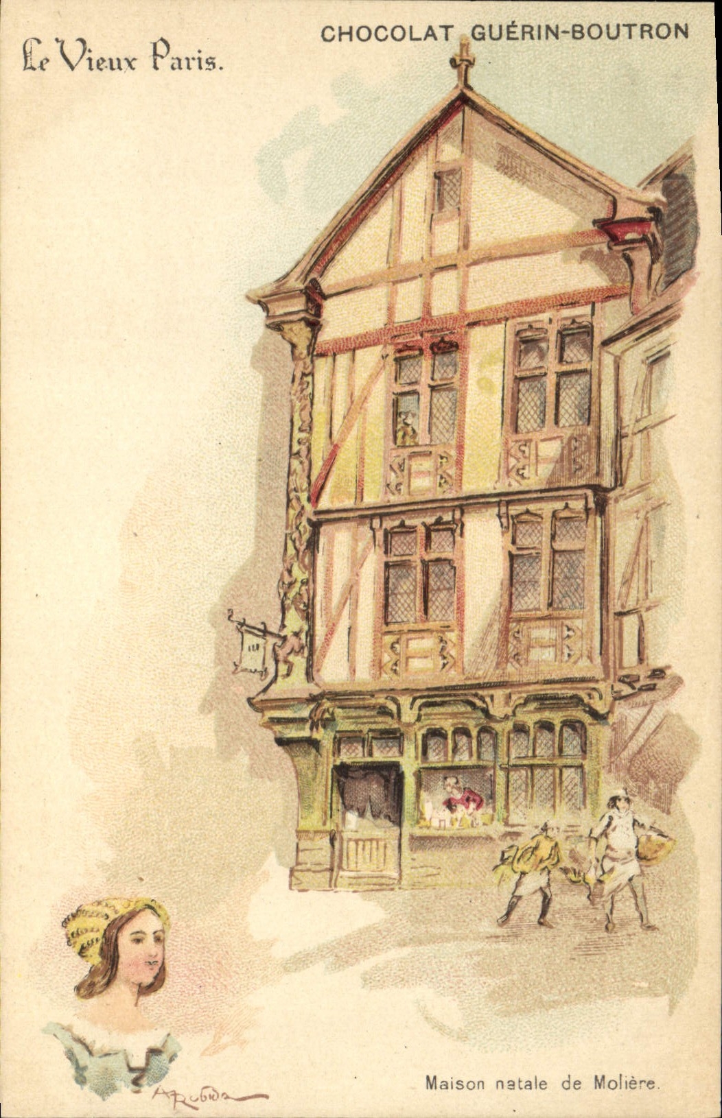 POSTAL de la VENDIMIA el viejo hombre de París con la buena calle de Guerin Boutron del chocolate del mercado de la casa nativa de Marruecos de Moliere