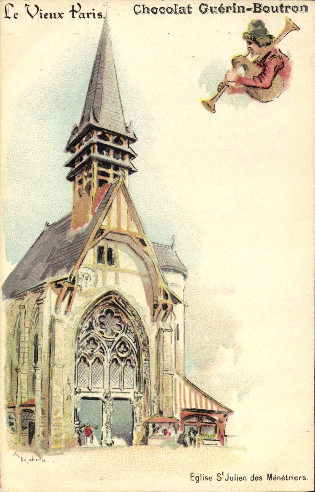 POSTAL de la VENDIMIA el viejo hombre de París con la buena calle de Guerin Boutron del chocolate del mercado de St Julien de la iglesia de Marruecos de Menetriers