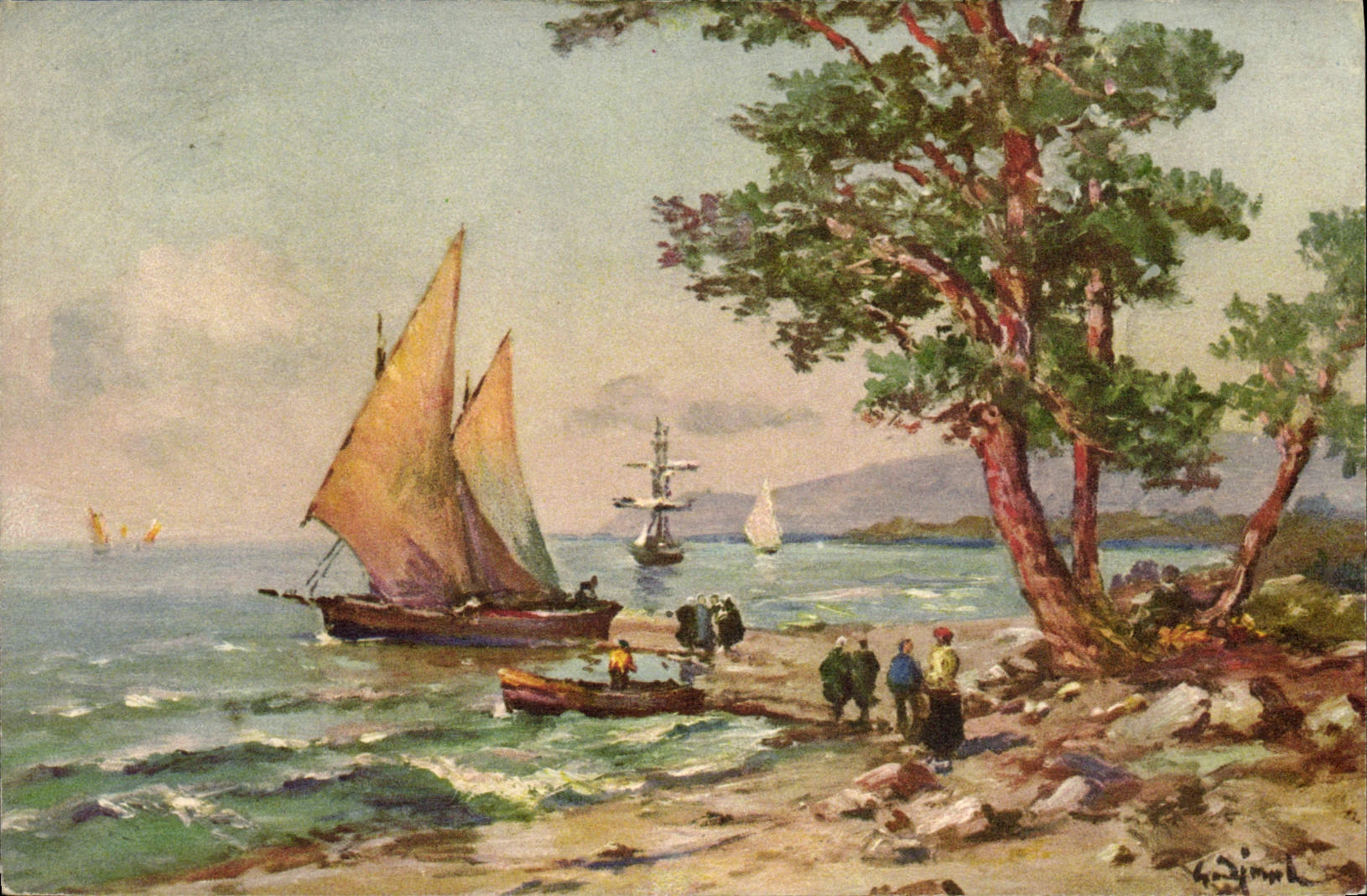 VINTAGE POSTCARD Fantaisie Illustrator Dimensions Azure Boats of the Mediterranean