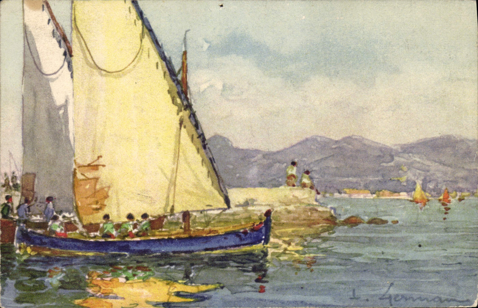El ilustrador de Fantaisie de la POSTAL de la VENDIMIA dimensiona las barcas azules de Cannes del puerto de los pequeños barcos cruzados