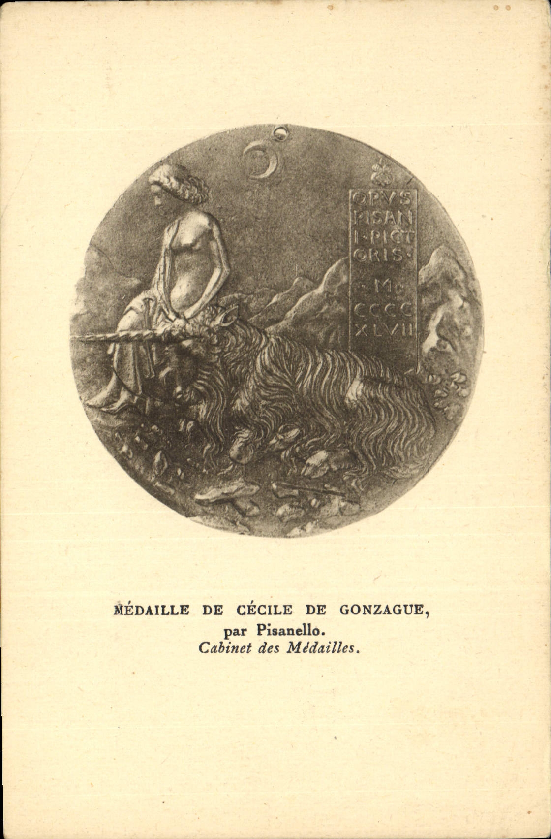 Medalla de la POSTAL de la VENDIMIA de Cecile de Gonzague de Pisanello Cabinet del unicornio de las medallas