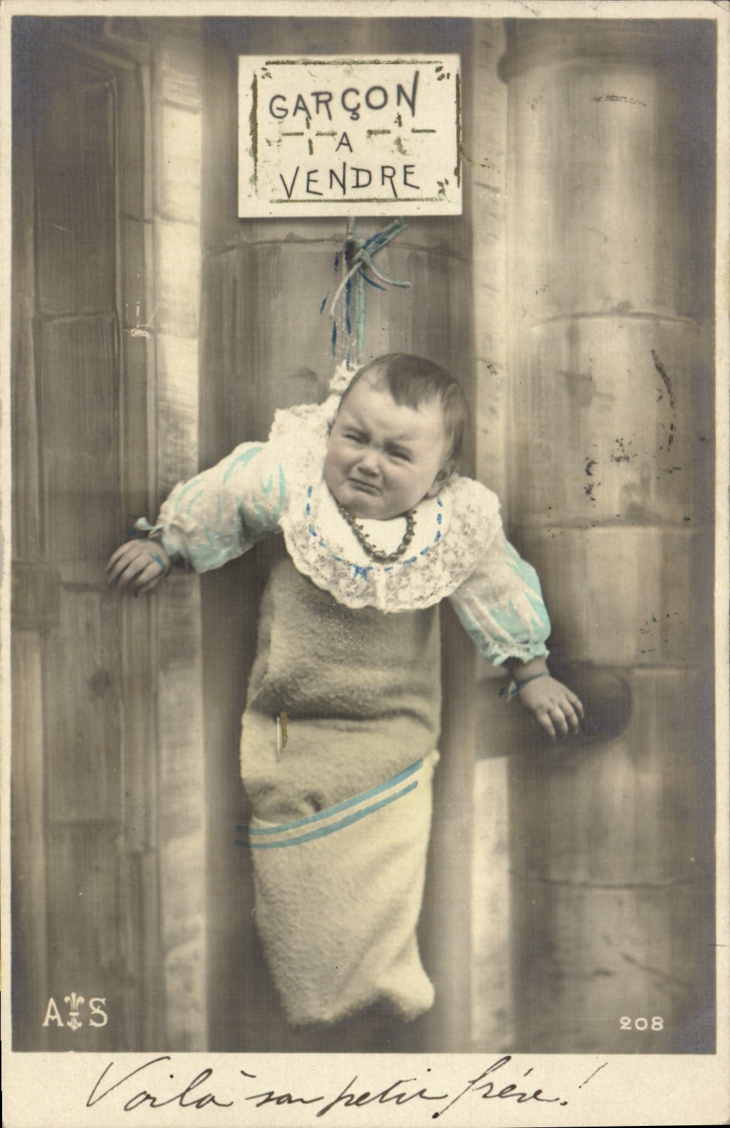 VINTAGE POSTCARD Fantaisie Baby Child Boy has to sell