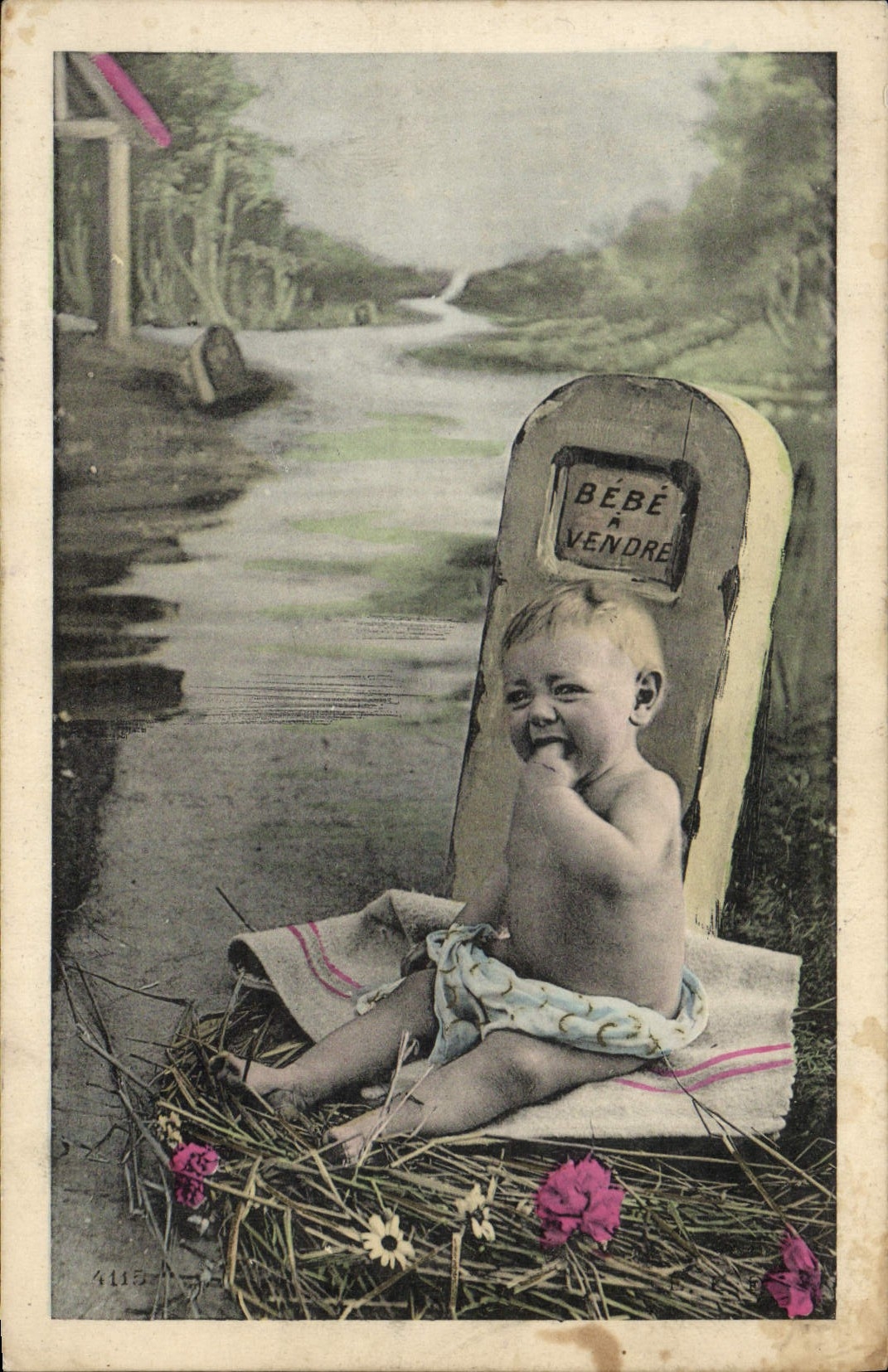 VINTAGE POSTCARD Fantaisie Baby has to sell Enfant